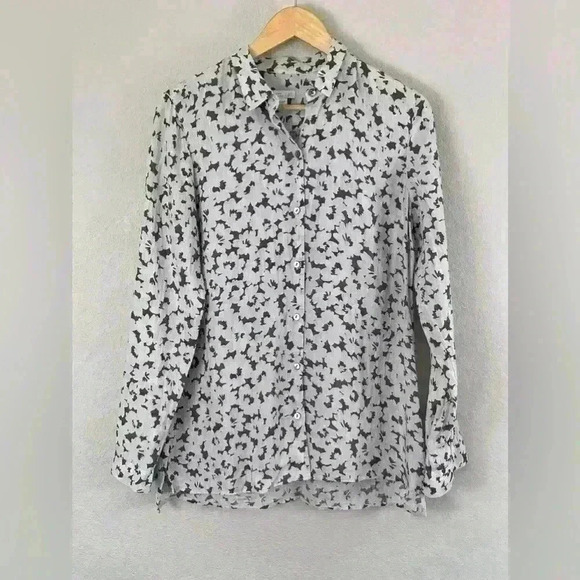 J Jill Love Linen Button Down Long Sleeve Gray Floral Shirt Women's Small Tall - Picture 1 of 11